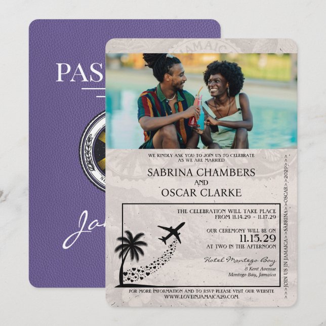 Lilac Purple Jamaica Passport Wedding Invitation (Front/Back)