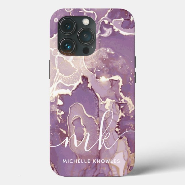 Lilac Purple Marble with Monogram and Name Case-Mate iPhone Case (Back)