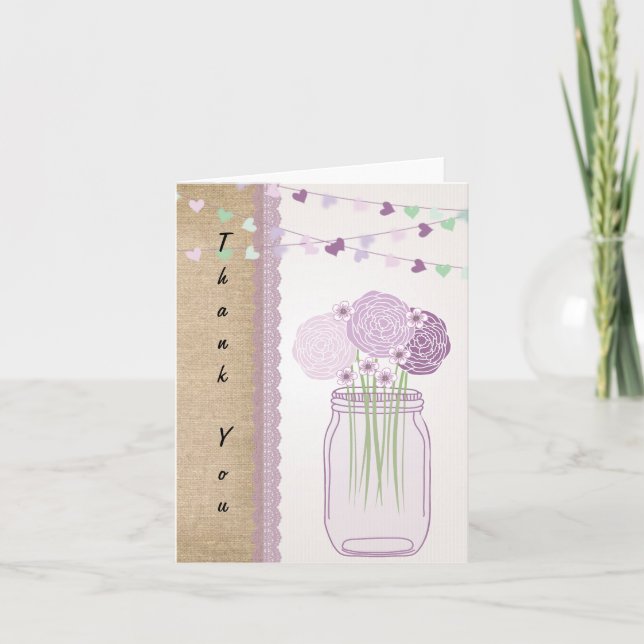 Lilac Purple Mason Jar Burlap Lace Thank You (Front)