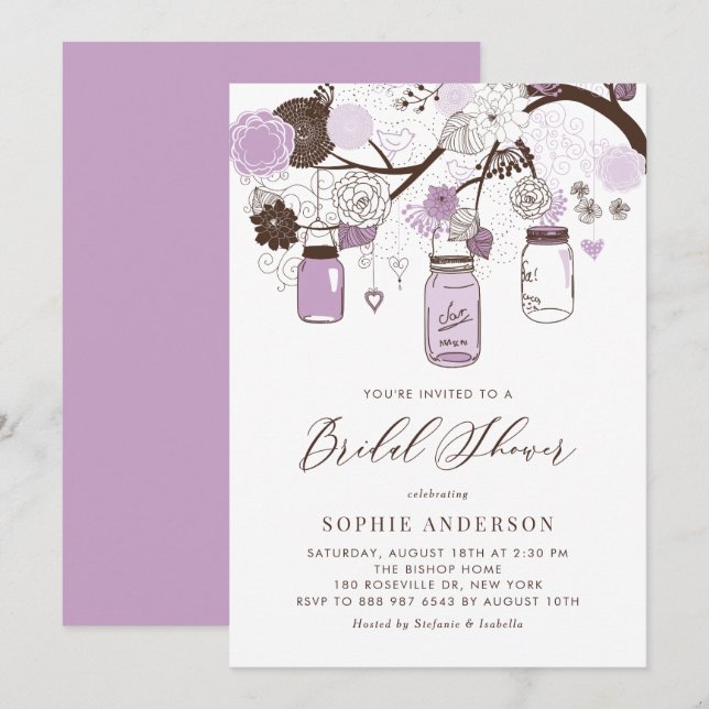 Lilac Purple Mason Jars Bridal Shower Invitation (Front/Back)