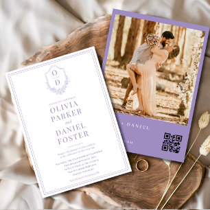 Lilac Purple Modern QR Code Crest Photo Wedding Invitation
