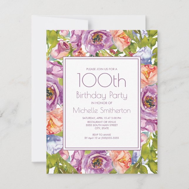 Lilac Purple Orange Blue Floral 100th Birthday Invitation (Front)