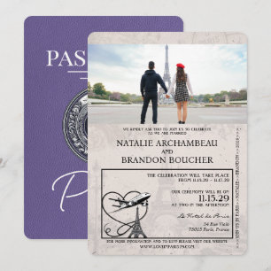 Lilac Purple Paris Passport Wedding Invitation
