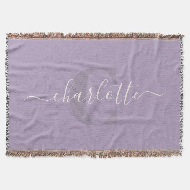 Lilac Purple | Personalized Script Monogram Name  Throw Blanket (Front)
