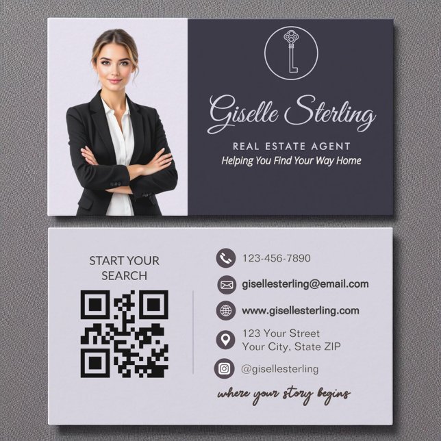 Lilac Purple Photo Real Estate Agent QR Code  Business Card (Creator Uploaded)