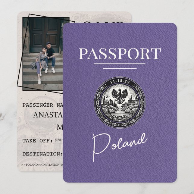 Lilac Purple Poland Passport Save The Date (Front/Back)