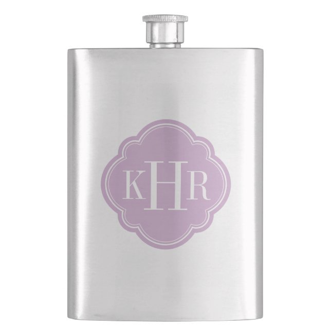 Lilac Purple Quatrefoil Custom Monogram Hip Flask (Front)