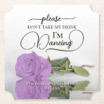 Lilac Purple Rose Don't Take My Drink Wedding Paper Coaster<br><div class="desc">This wedding coaster is elegant, stylish, and fun! It features a photo of a single long-stemmed light purple or lilac coloured rose lying on its side mirrored in a pool of water. The text reads "Please don't take my drink, I'm dancing" written in modern script lettering. There is space for...</div>