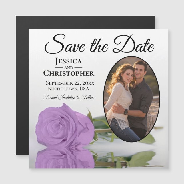Lilac Purple Rose Save The Date Oval Photo Magnet (Front/Back)