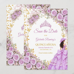 Lilac Purple Roses Golden Butterfly Quinceañera Save The Date