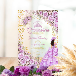 Lilac Purple Roses Golden Western Quinceañera Acrylic Invitations