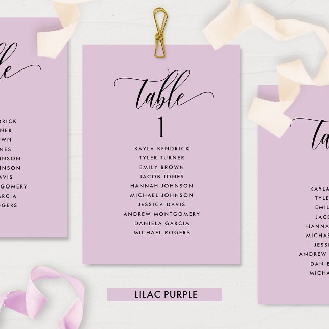 Lilac Purple Seating Plan Cards with Guest Names (Creator Uploaded)