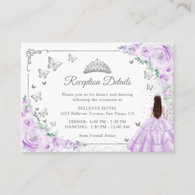 Lilac Purple Silver Quincenarea Reception Details Enclosure Card (Front)