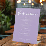 Lilac Purple Typography Wedding Bar Menu Pedestal Sign<br><div class="desc">This lovely lilac wedding bar menu pedestal sign features beautiful white typography on a soft purple background for a spring ceremony in the afternoon. Lavender pastel decor is a delicate colour choice for an elegant garden occasion.</div>