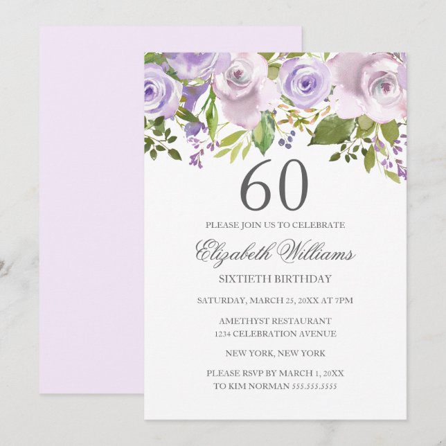 Lilac Purple Watercolor Floral 60th Birthday Invitation (Front/Back)