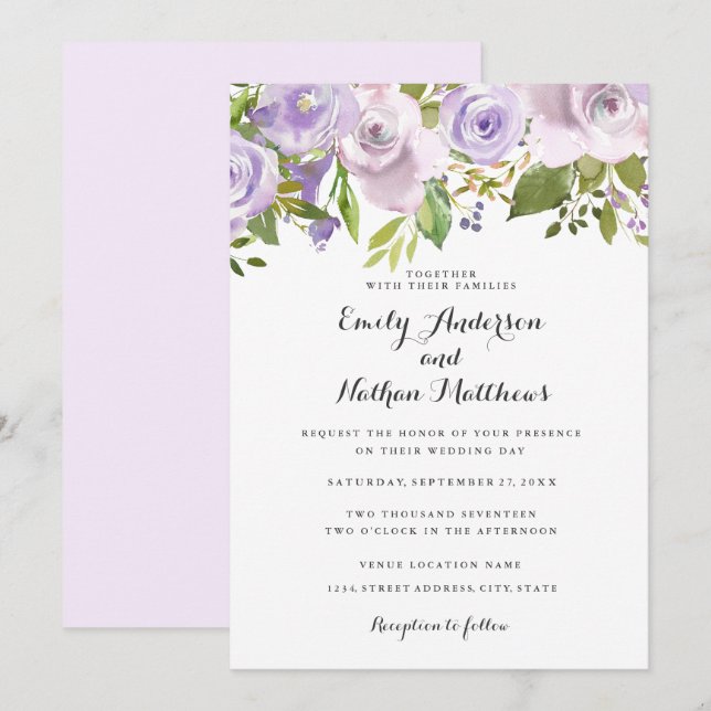 Lilac Purple Watercolor Floral Wedding Invitation (Front/Back)