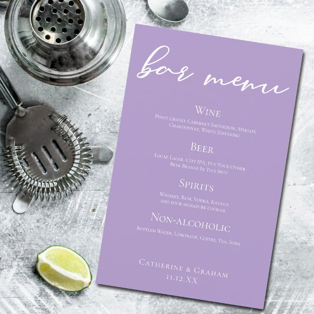 Lilac Purple Wedding Bar Menu w/ White Typography (Creator Uploaded)