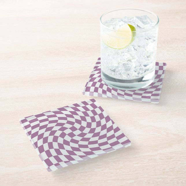 Lilac Purple Wedding Collection Check Chequered Glass Coaster (Angled)