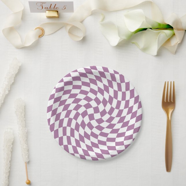 Lilac Purple Wedding Collection Check Chequered Paper Plate (Wedding)
