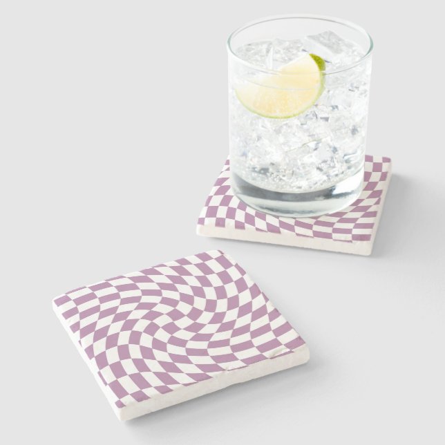 Lilac Purple Wedding Collection Check Chequered  Stone Coaster (Side)