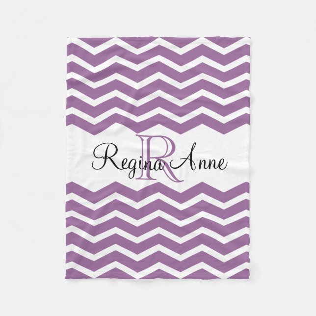 Lilac Purple/White Monogram Name Keepsake Chevron Fleece Blanket (Front)