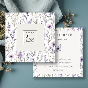 Lilac Purple Wildflower Butterfly Watercolor Logo Square Business Card