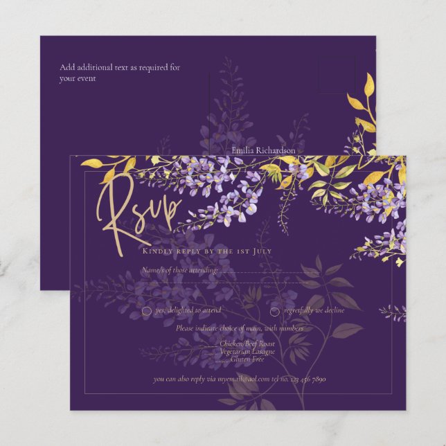 Lilac Purple Wisteria Gold Wedding Invitation RSVP (Devant / Derrière)