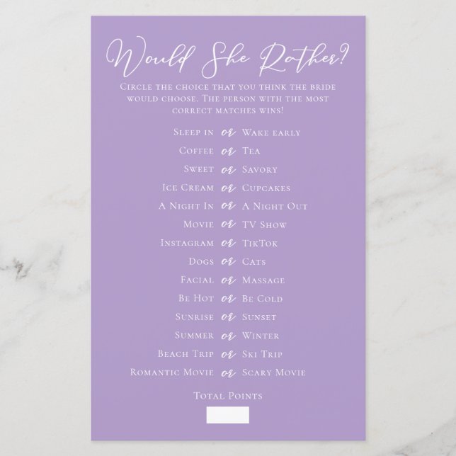 Lilac Purple Would She Rather Bridal Shower Game (Front)