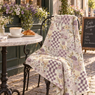 Lilac Quilt Patchwork Gingham Cottagecore Floral Fleece Blanket