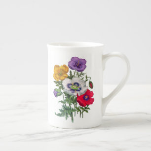 Lilac Red White Yellow Poppies & Green Leaves  Bone China Mug