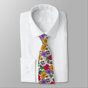 Lilac Red White Yellow Poppies & Green Leaves Tie