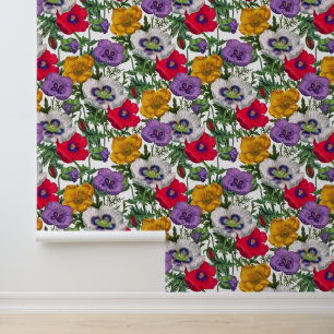 Lilac Red White Yellow Poppies & Green Leaves Wallpaper