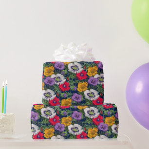 Lilac Red White Yellow Poppies & Green Leaves Wrapping Paper