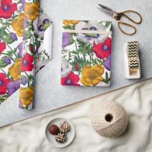 Lilac Red White Yellow Poppies & Green Leaves  Wrapping Paper