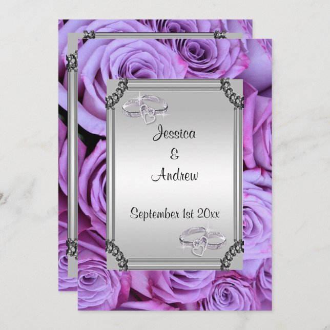Lilac Roses & Diamond Wedding Rings Invitation (Front/Back)
