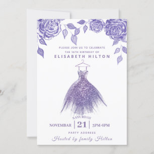 Lilac roses modern Glitter dress sweet sixteen In Invitation