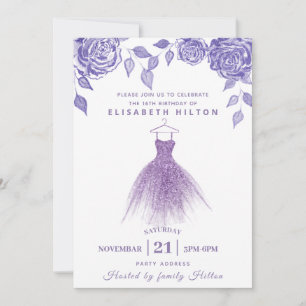 Lilac roses modern Glitter dress sweet sixteen  Invitation