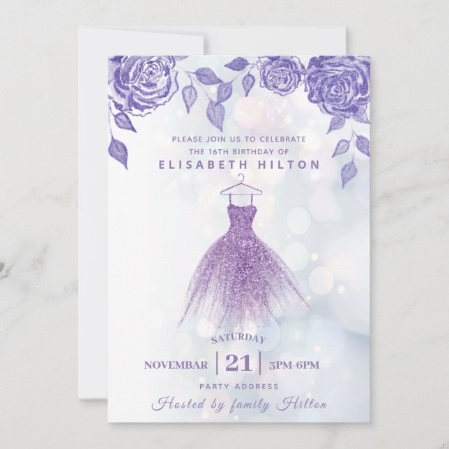 Lilac roses modern Glitter dress sweet sixteen  Invitation (Front)