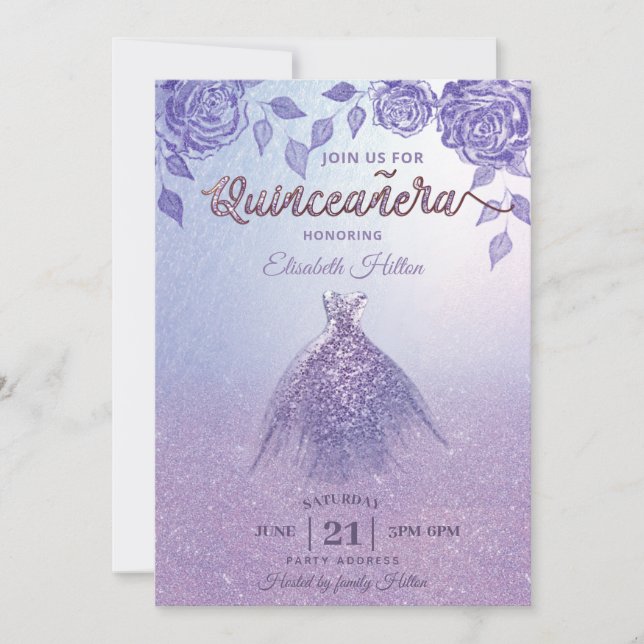 Lilac roses romantic Glitter dress  Quinceañera Invitation (Front)