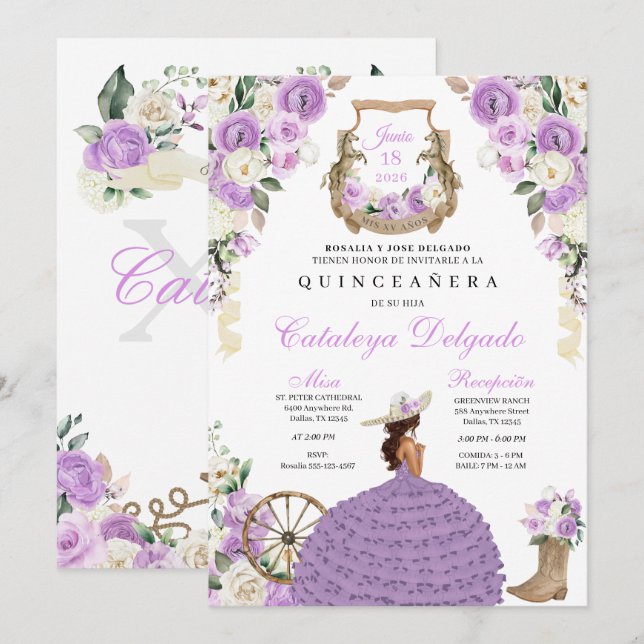 Lilac Roses Western Mariachi Charro Quinceañera Invitation (Front/Back)