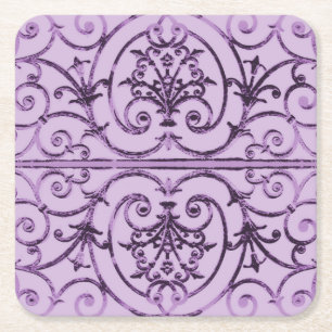 Lilac scrollwork pattern square paper coaster