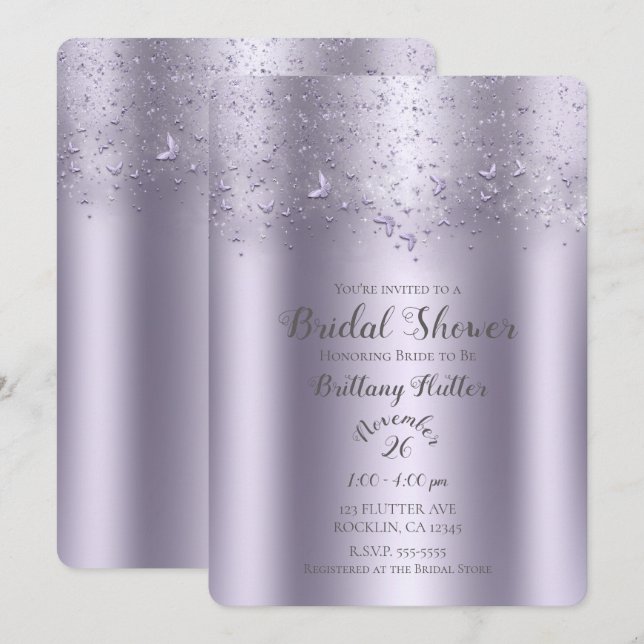 Lilac Shimmer Flutter Butterfly Bridal Shower Invitation (Front/Back)