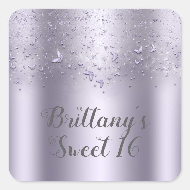 Lilac Shimmer Flutter Butterfly Sweet 16 Party Square Sticker (Front)