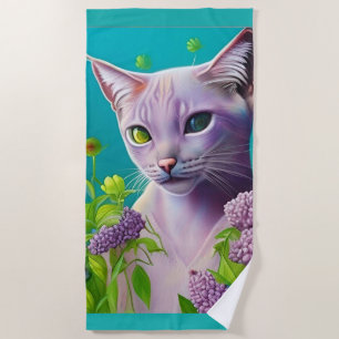 Lilac Siamese cat in Lilac flowers on Teal Beach Towel