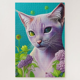 Lilac Siamese cat in Lilac flowers on Teal  Jigsaw Puzzle