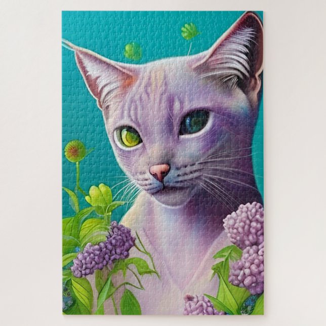 Lilac Siamese cat in Lilac flowers on Teal  Jigsaw Puzzle (Vertical)