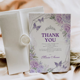 Lilac Silver Quinceañera Butterfly Thank You Card