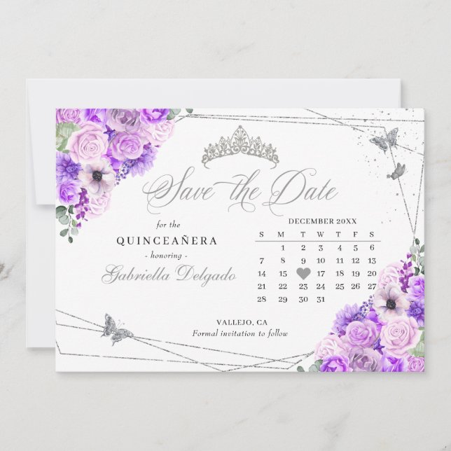 Lilac & Silver Quinceañera Save The Date Invitation (Front)