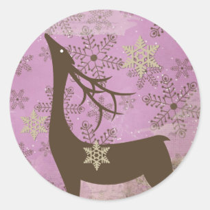 Lilac Snowflakes and Deer Round Sticker