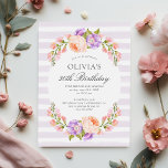 Lilac Stripe and Bloom Birthday Brunch Party Invitation<br><div class="desc">Affordable custom printed 30th birthday brunch invitations personalized with your event details. This pretty botanical design features a watercolor frame of peach and lavender flowers on a light purple striped background. Use the design tools to customize the text, edit the fonts and colours or add your own photos to create...</div>